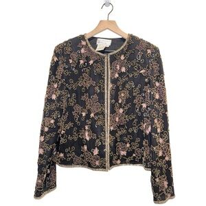 PAPELL Boutique LB Evening Silk Beaded Jacket Black Sequin Embroidered Size M